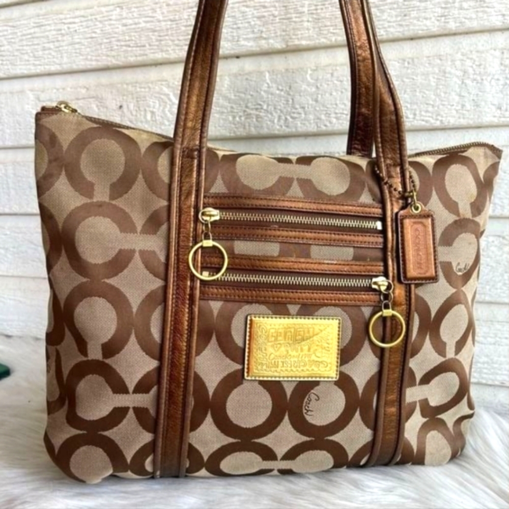 Coach Poppy Tan Signature Op Art Poppy Brown XL Glam Bag Laptop Tote 13826